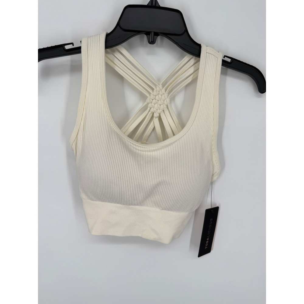 Yogalicious Sports Bra Womens S Cream Seamless Rib Sweet Allure Macrame Strappy